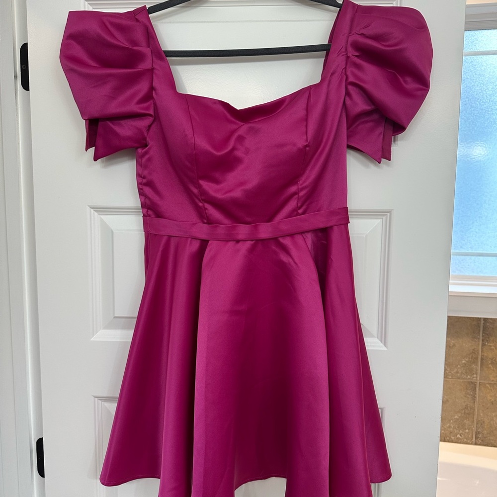 SHEIN Fuchsia Puff-Sleeve Satin Party Dress